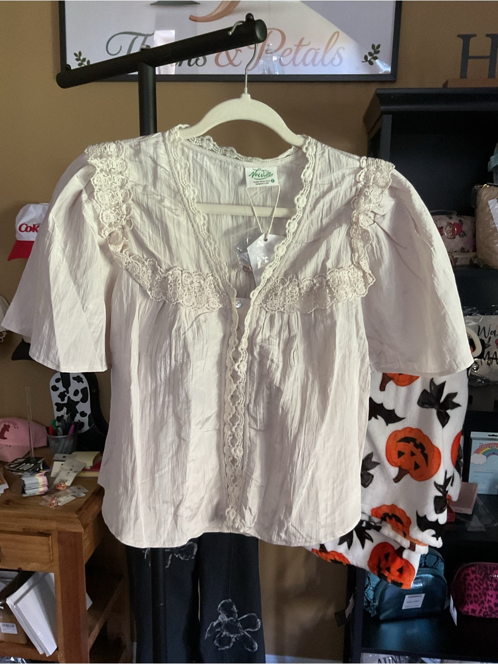 Very J Pale Oatmeal -Trim Peasant Blouse
